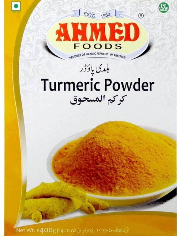 Ahmed Foods turmeric powder 400g packet with turmeric root image and halal certification
