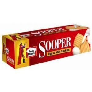Sooper Egg & Milk Cookies red packaging with stacked golden cookies and eggs on the side