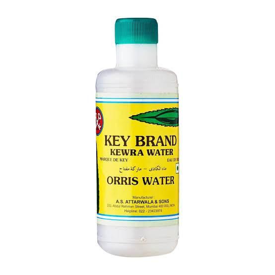 Key Brand Kewra Water Orris Water bottle with yellow label and green cap