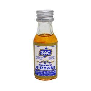 Small bottle of SAC Essence Biryani flavoring with silver cap and blue label