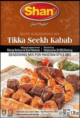 Shan Tikka Seekh Kabab seasoning mix box with grilled chicken and meat skewers, Pakistani BBQ style