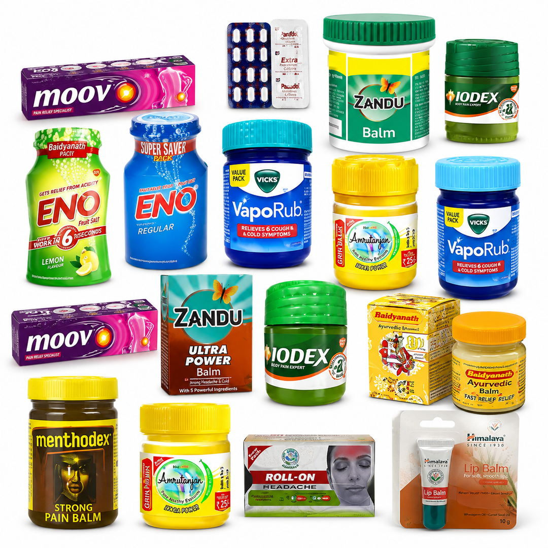 Health Care collection featuring Moov pain relief cream, Panadol, Zandu Balm, Iodex, Vicks VapoRub, ENO, Amrutanjan balm, headache roll-on and wellness products at AL MODINA Japan