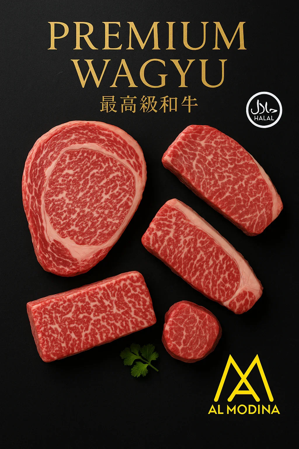 Premium Wagyu beef cuts with marbling on black background, Halal certified, Al Modina branding