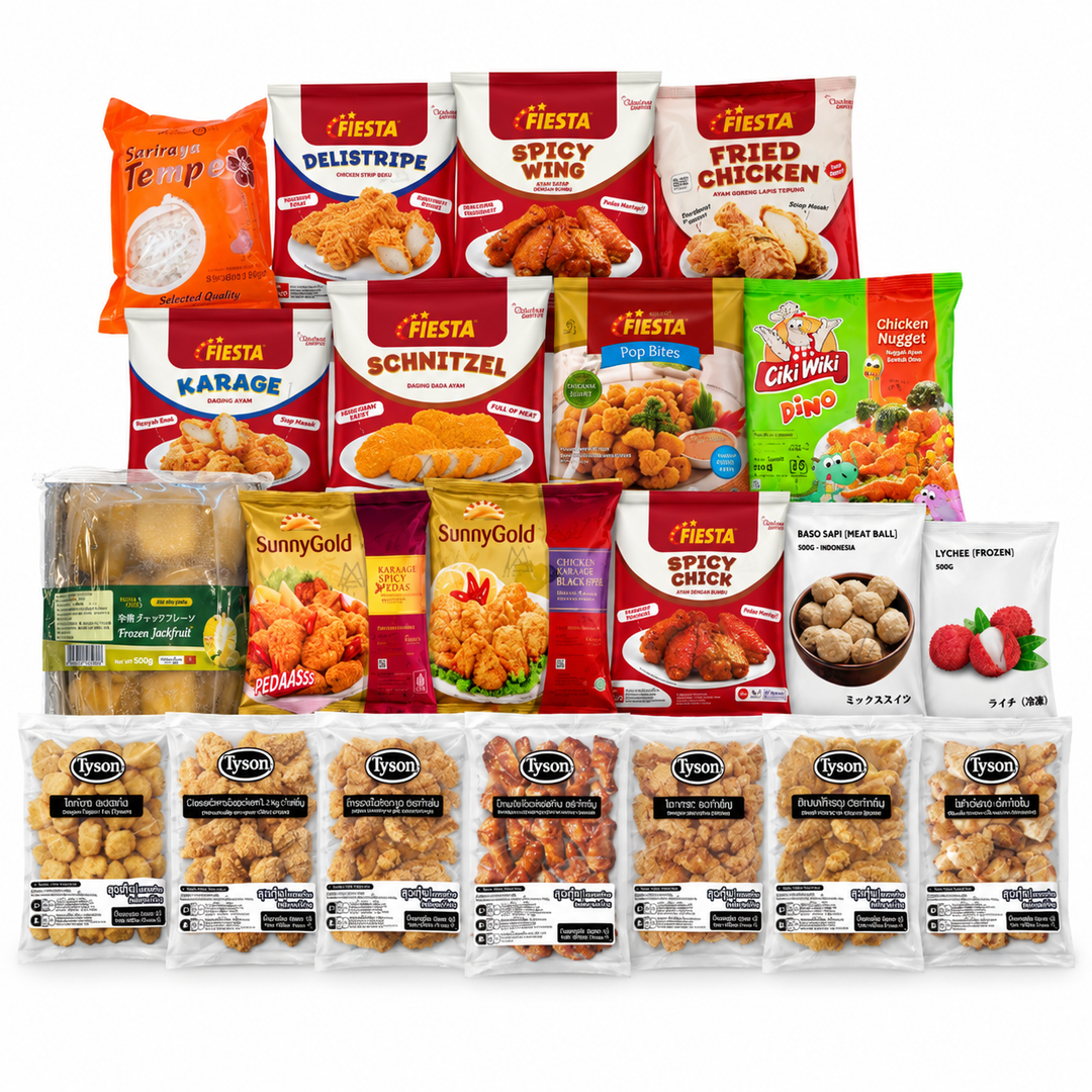 Frozen and ready-to-cook Indonesian food collection with chicken nuggets, fried chicken, karaage, spicy wings, frozen jackfruit, lychee, and other freezer items