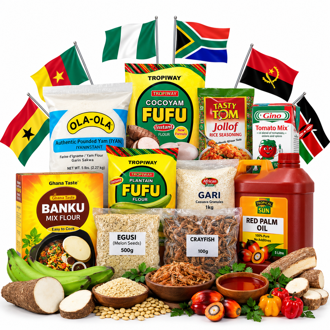 African Items collection featuring fufu flour, banku mix, gari, egusi, crayfish, red palm oil, jollof seasoning and other African groceries at AL MODINA Japan