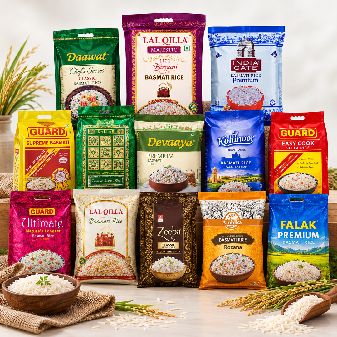Basmati Rice collection featuring Daawat, Lal Qilla, India Gate, Guard, Kohinoor, Kallar, Falak and other premium long-grain rice at AL MODINA Japan
