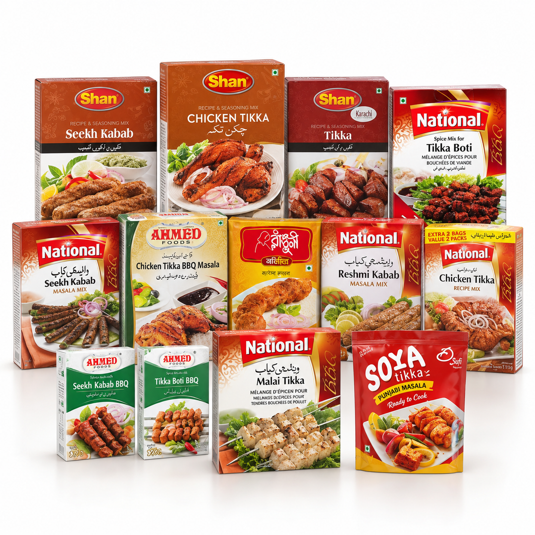 BBQ Masala collection featuring chicken tikka, seekh kebab, tikka boti, malai tikka and grill seasoning mixes at AL MODINA Japan