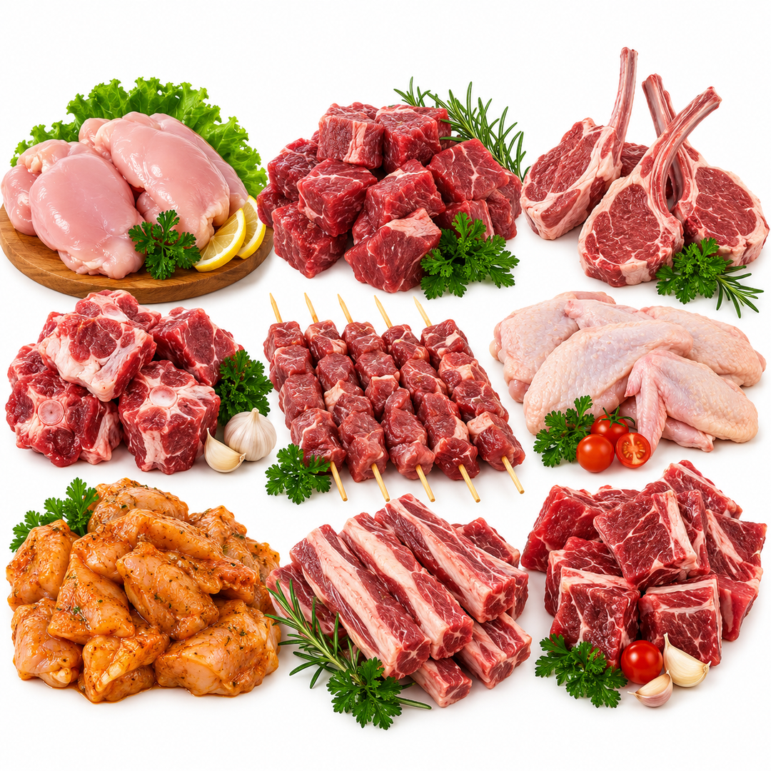 BBQ-ready halal meat cuts featuring beef cubes, ribs, lamb chops, chicken wings, boneless chicken and grilling cuts at AL MODINA Japan