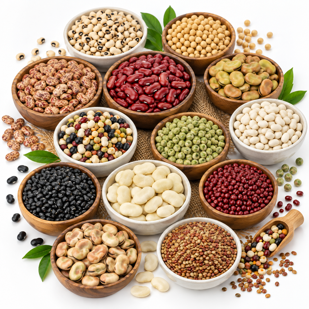 Beans collection featuring kidney beans, black beans, pinto beans, black-eyed peas, soybeans, fava beans, lima beans and mixed beans at AL MODINA Japan