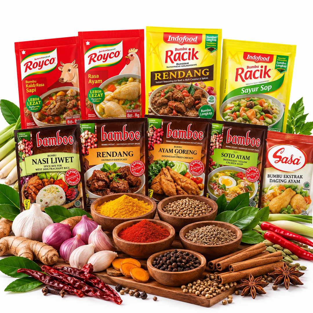 Bumbu & Rempah Indonesia collection featuring Bamboe, Indofood, Royco and Sasa seasoning mixes, spices and Indonesian cooking essentials at AL MODINA Japan