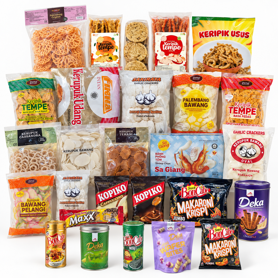 Camilan, Kerupuk & Manisan Indonesia collection featuring kerupuk, keripik tempe, shrimp chips, garlic crackers, Kopiko candy, wafer rolls and Indonesian snacks at AL MODINA Japan