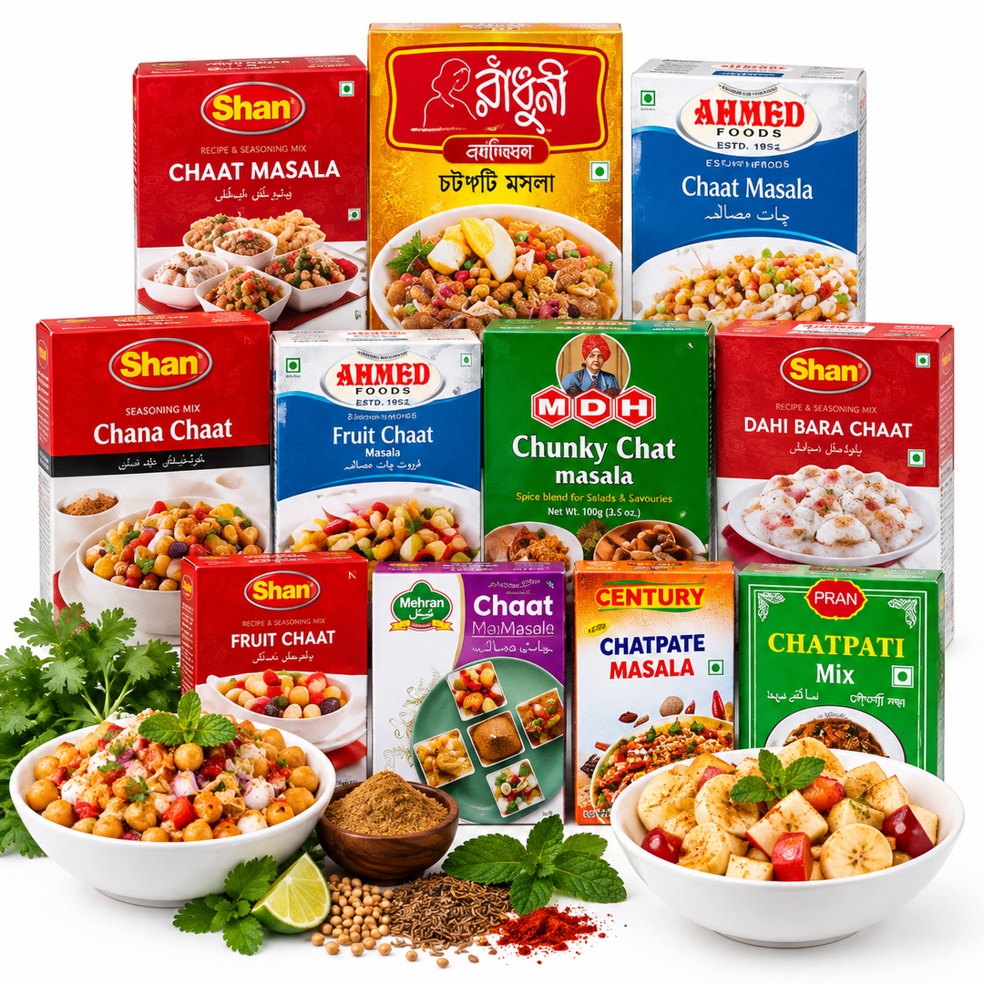 Chaat and snack masala collection featuring chaat masala, chana chaat, fruit chaat, dahi bara and chatpati seasoning mixes at AL MODINA Japan