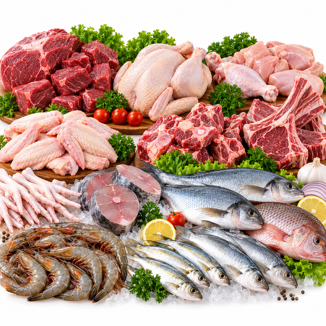 Daging, Ayam & Ikan collection featuring beef cuts, chicken, ribs, wings, fish steaks, whole fish and shrimp at AL MODINA Japan