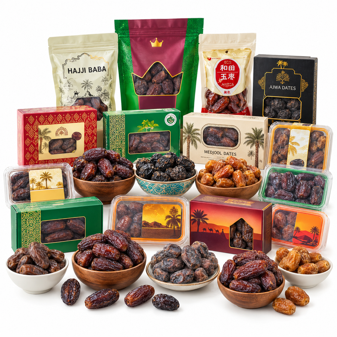 Dates collection featuring Ajwa, Medjool, Safawi, Sukkari, Mabroom, Khudri and other premium date varieties at AL MODINA Japan