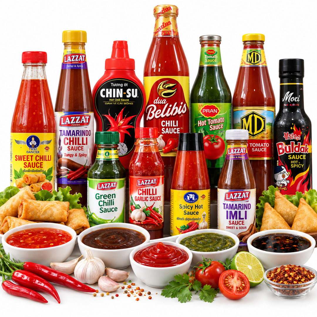 Dipping Sauces collection featuring sweet chili sauce, hot chili sauce, tamarind sauce, green chili sauce, tomato sauce and spicy Asian condiments at AL MODINA Japan