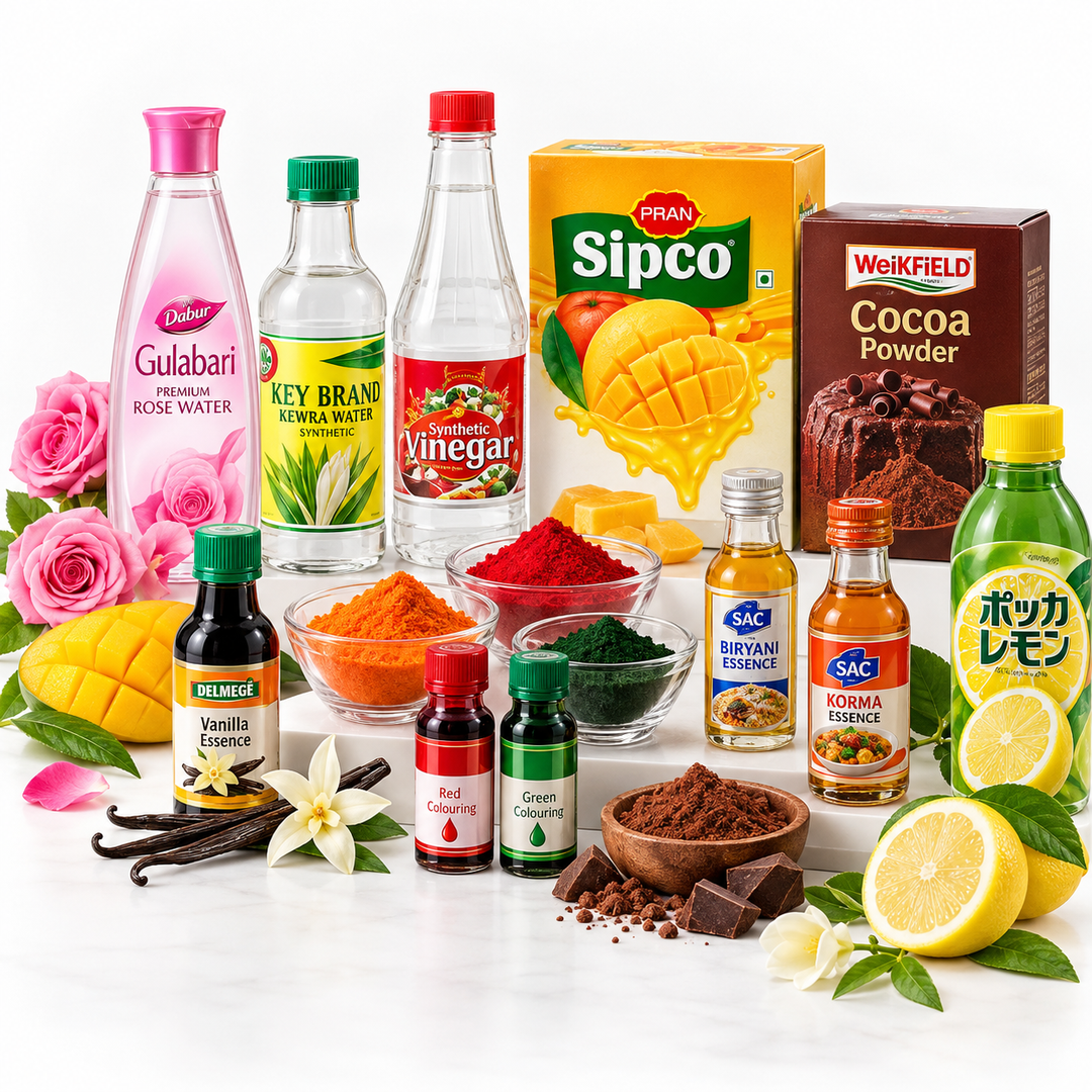 Flavors and food additives collection featuring rose water, kewra water, vinegar, vanilla essence, food coloring, cocoa powder and cooking essences at AL MODINA Japan