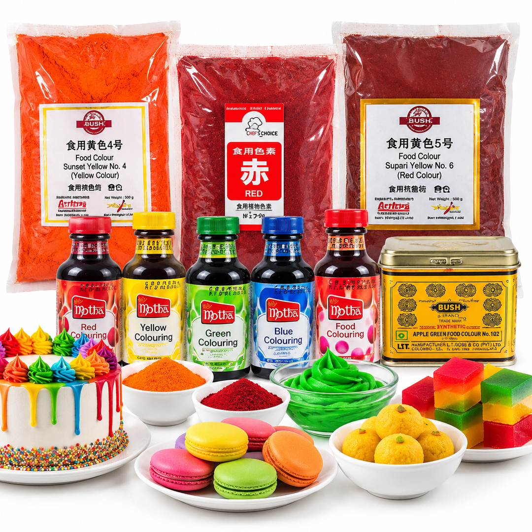 Food Colorings collection featuring red, yellow, green, blue and orange food colours for cakes, desserts and sweets at AL MODINA Japan