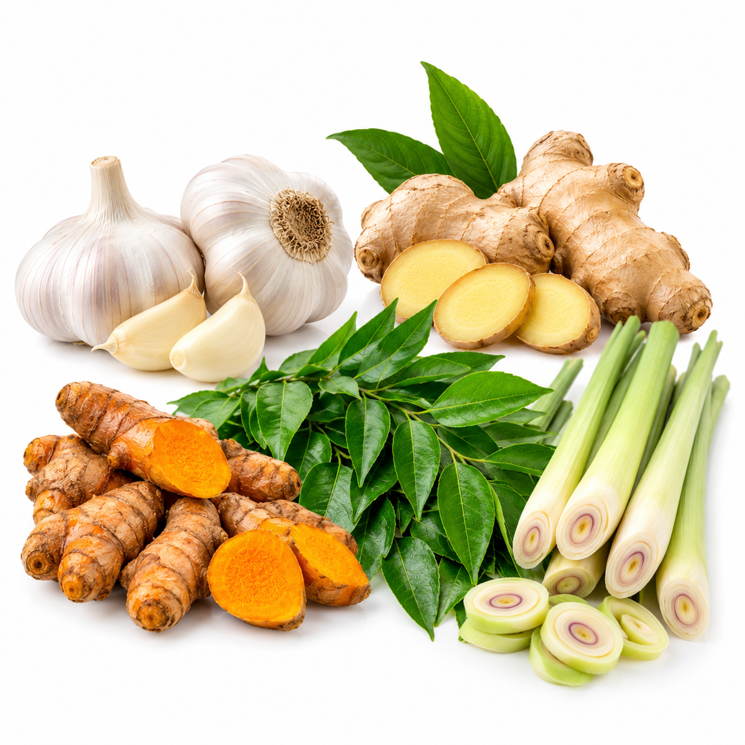 Fresh Spice collection featuring garlic, ginger, turmeric, curry leaves and lemongrass at AL MODINA Japan
