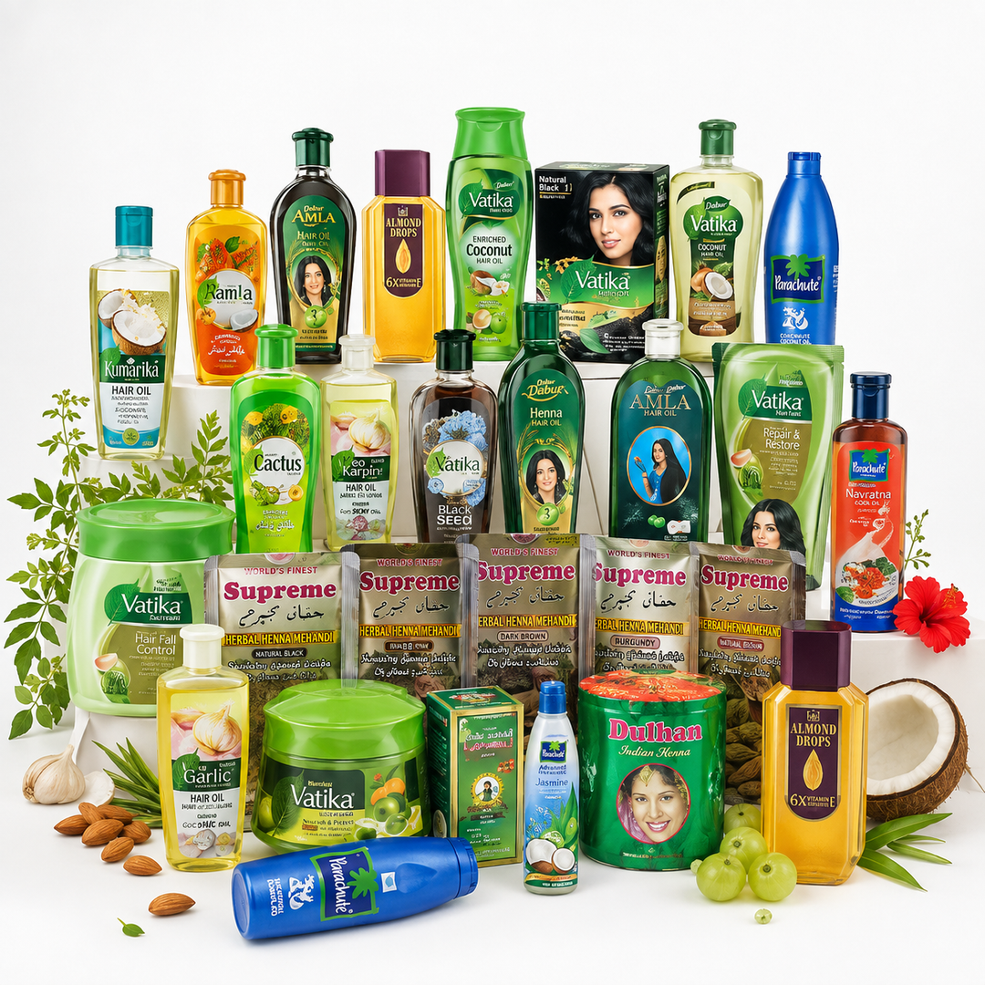 Hair Care collection featuring Vatika, Dabur Amla, Parachute, Bajaj Almond Drops, Black Seed hair oil, coconut oil, henna hair colour and herbal hair care products at AL MODINA Japan