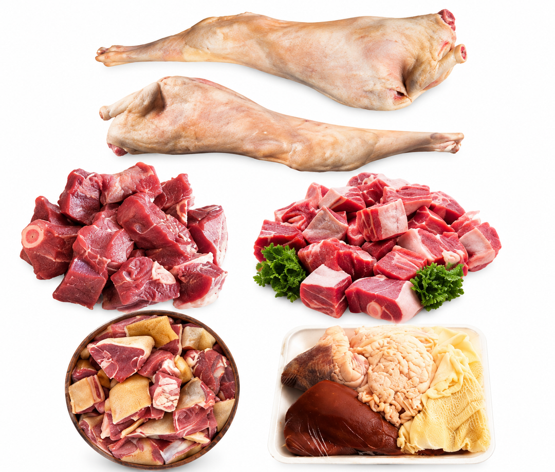 Halal goat meat collection featuring whole goat leg, bone-in goat cuts, mixed goat meat, skin-on goat meat and offal at AL MODINA Japan