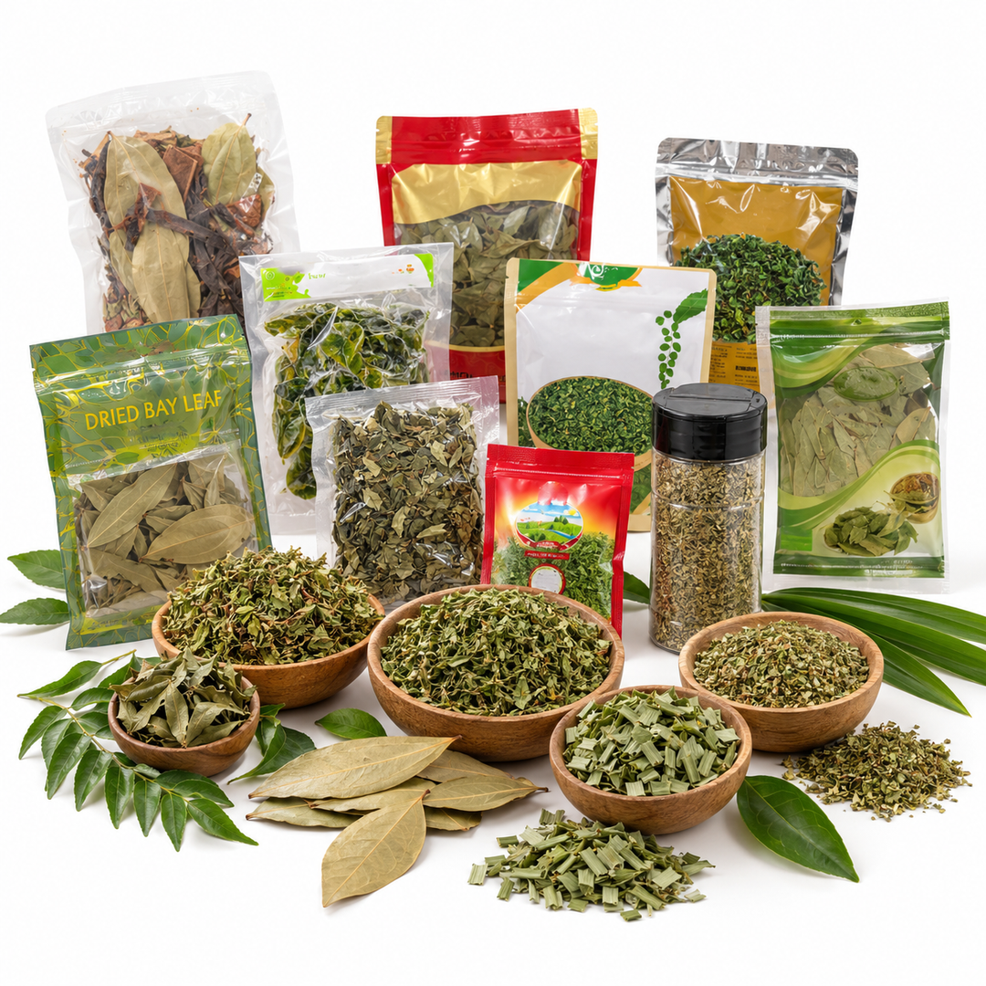 Herbs collection featuring dried bay leaves, curry leaves, mint, kasuri methi, pandan leaves and other dried herbs at AL MODINA Japan