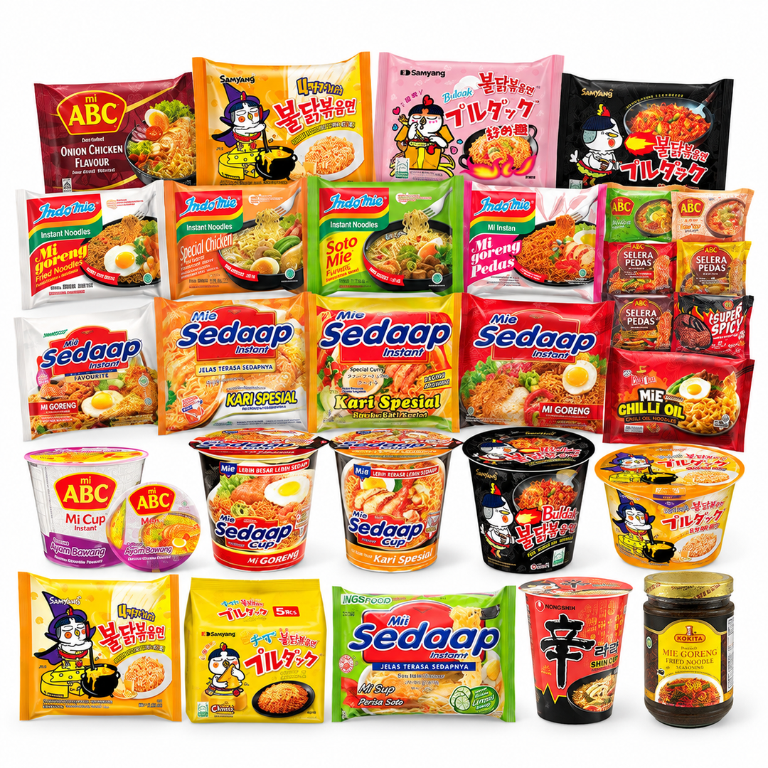 Mi & Bihun Indonesia collection featuring Indomie, Mie Sedaap, ABC, Samyang and other instant noodles and cup noodles at AL MODINA Japan