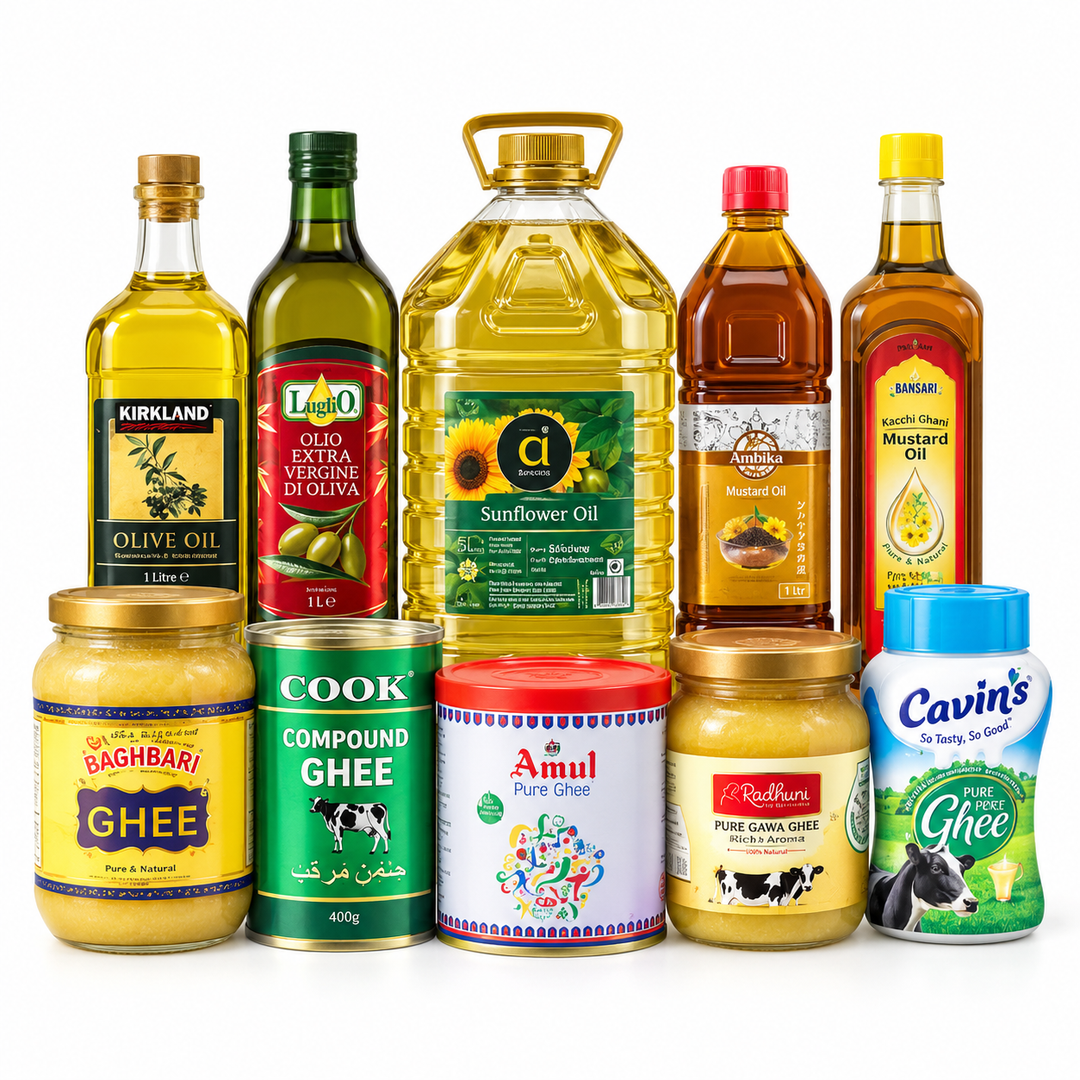 Oil and Ghee collection featuring sunflower oil, olive oil, mustard oil, pure ghee, cow ghee and compound ghee at AL MODINA Japan
