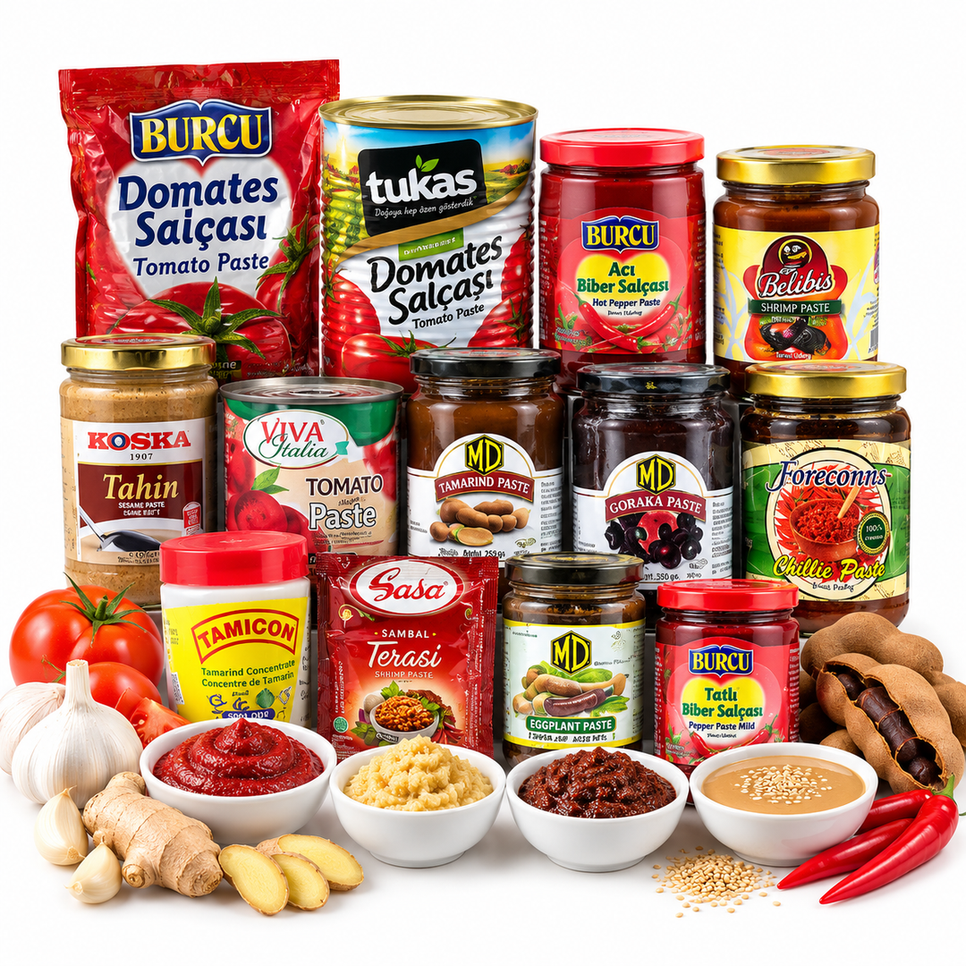 Paste collection featuring ginger paste, garlic paste, tomato paste, chili paste, tamarind paste, shrimp paste and sesame paste at AL MODINA Japan