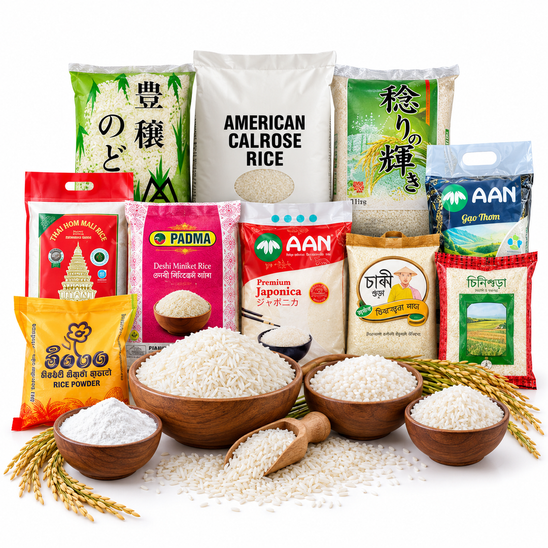 Rice collection featuring Japanese rice, Calrose rice, Thai jasmine rice, Japonica rice, Miniket rice and other rice varieties at AL MODINA Japan
