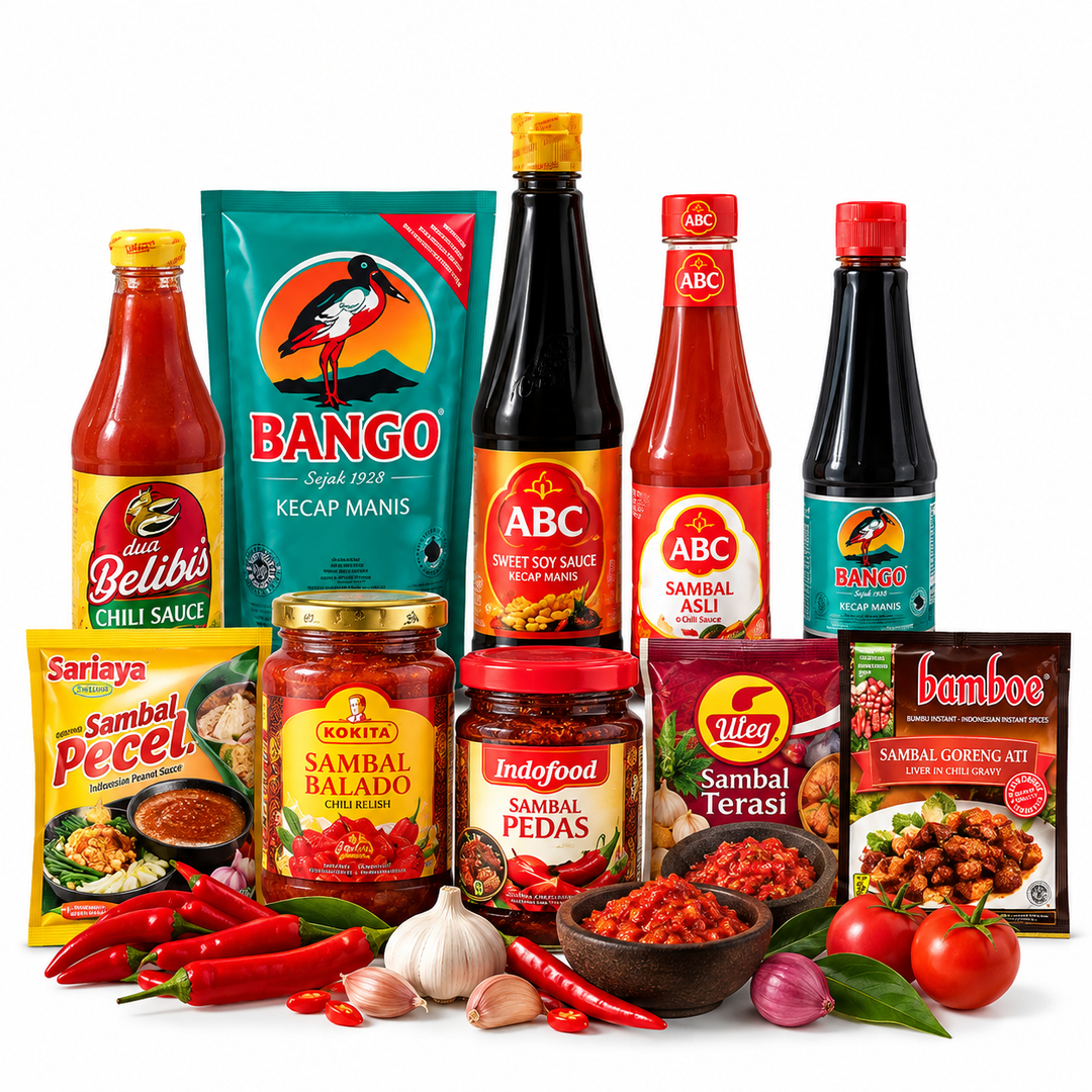 Sambal, Saus & Kecap Indonesia collection featuring sambal terasi, sambal balado, sambal pecel, chili sauce, sweet soy sauce and kecap manis at AL MODINA Japan
