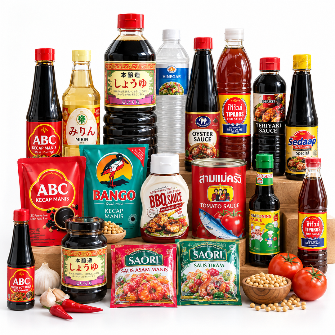Sauces and dipping collection featuring soy sauce, kecap manis, oyster sauce, fish sauce, teriyaki sauce, BBQ sauce and Asian condiments at AL MODINA Japan