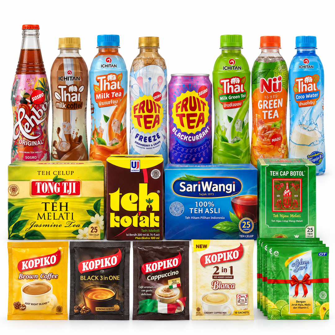 Teh, Kopi & Minuman Indonesia collection featuring jasmine tea, black tea, milk tea, green tea, fruit tea, coconut water and Kopiko coffee at AL MODINA Japan