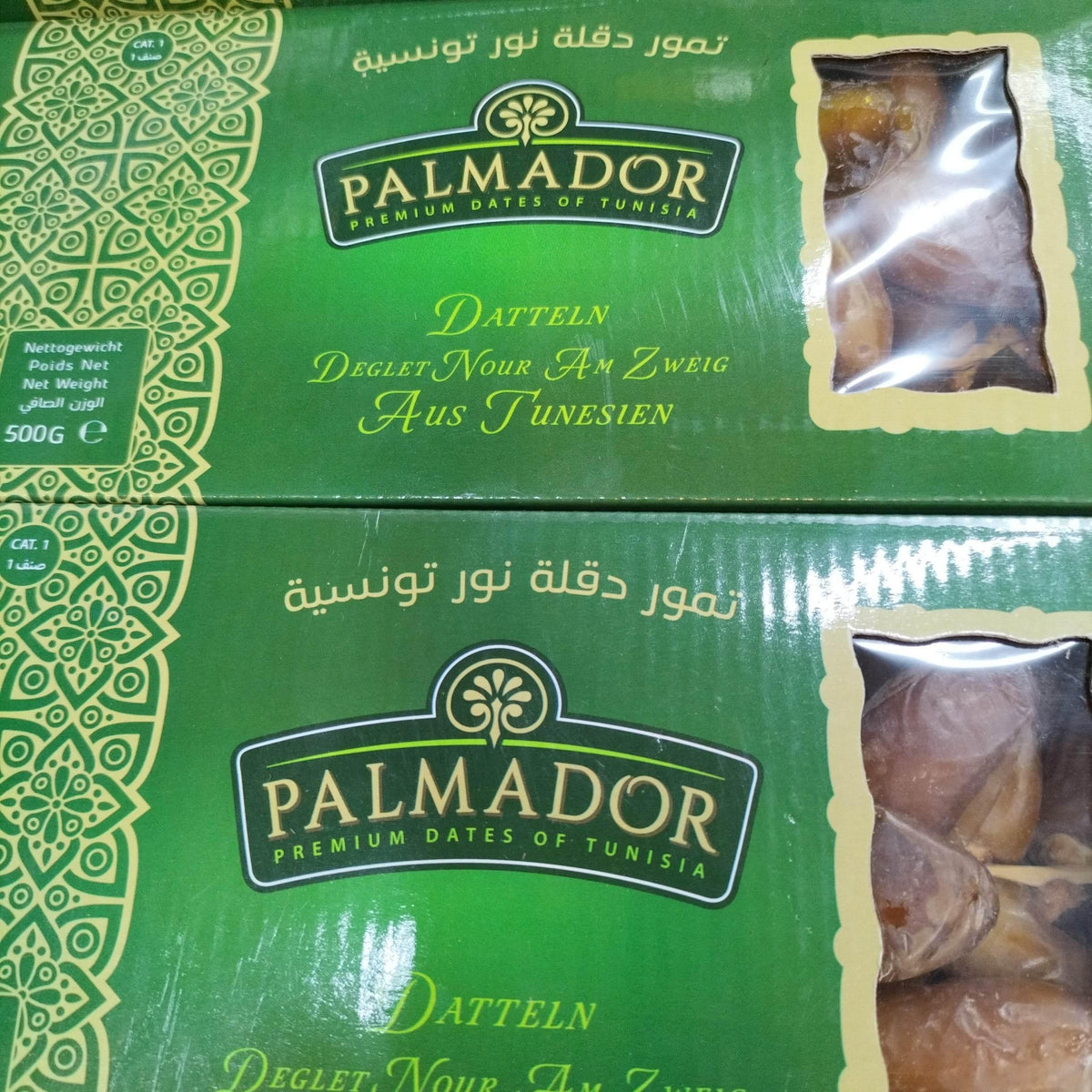 Palmador premium Tunisian Deglet Nour dates in green 500g packaging with ornate design