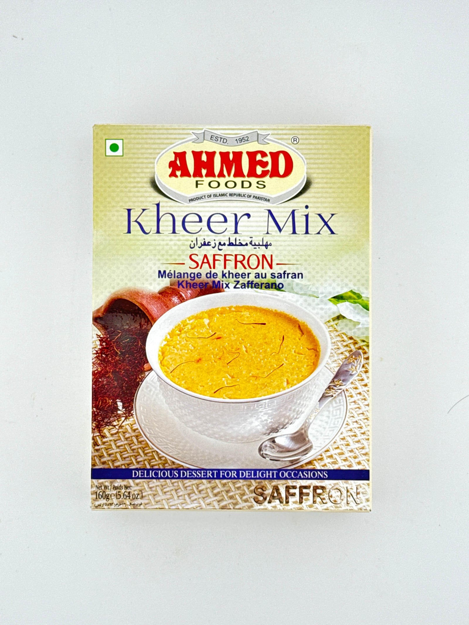 Ahmed Foods Kheer Mix Saffron dessert mix box with bowl of saffron kheer and spoon