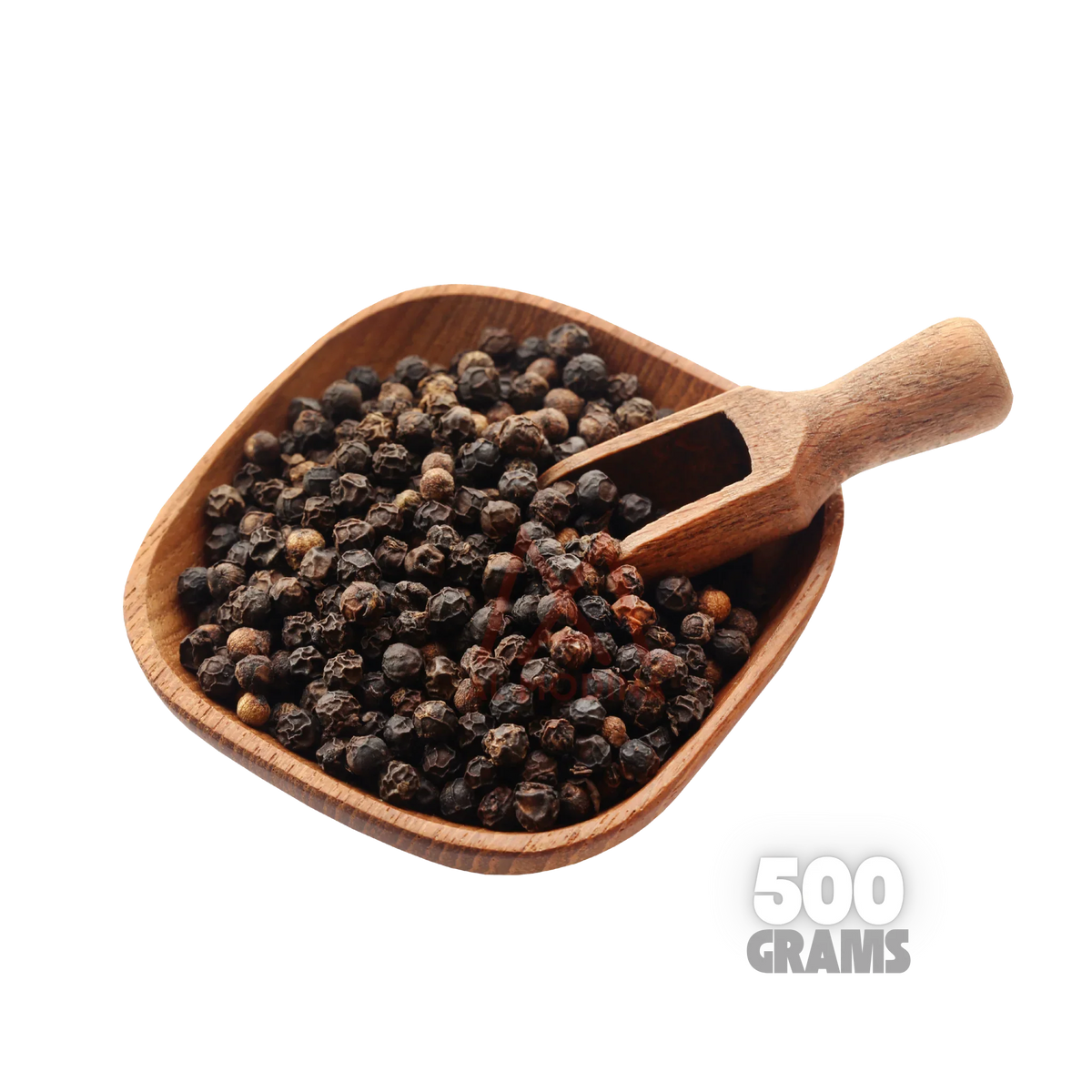 Wooden scoop filled with whole black peppercorns on a wooden bowl, 500 grams label