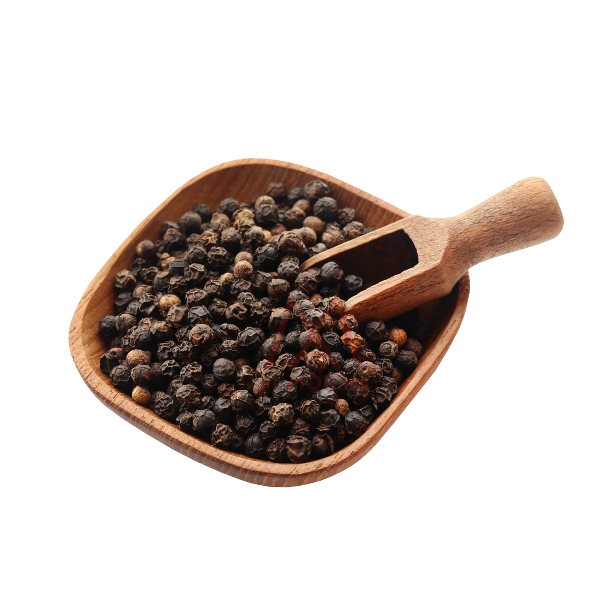 Black peppercorns in a square wooden bowl with a wooden scoop on a black background