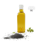 200ml bottle of golden mustard oil with mustard seeds and parsley on black background