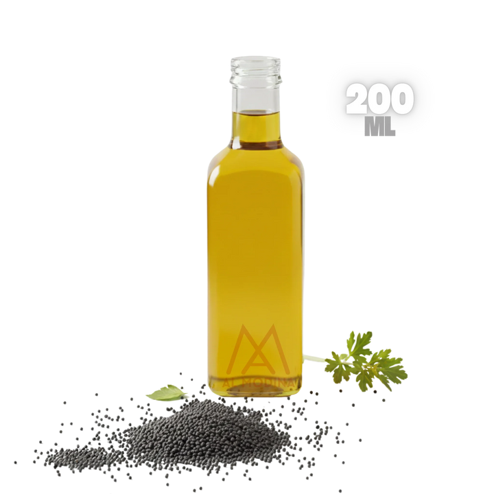 200ml bottle of golden mustard oil with mustard seeds and parsley on black background
