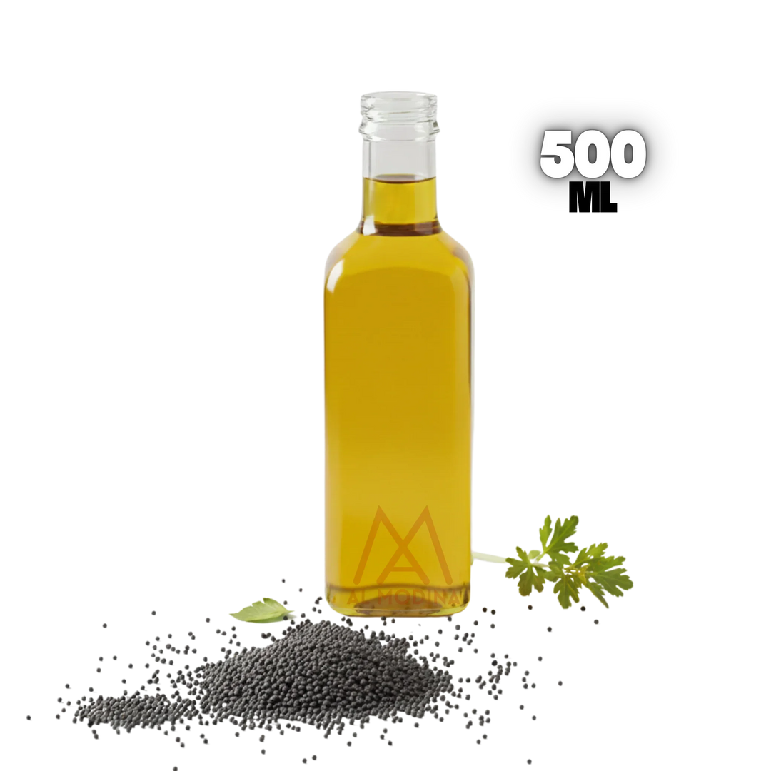 Glass bottle of mustard oil with black mustard seeds and green leaves, 500ml capacity