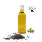 Glass bottle of mustard oil with black mustard seeds and green leaves, 500ml capacity