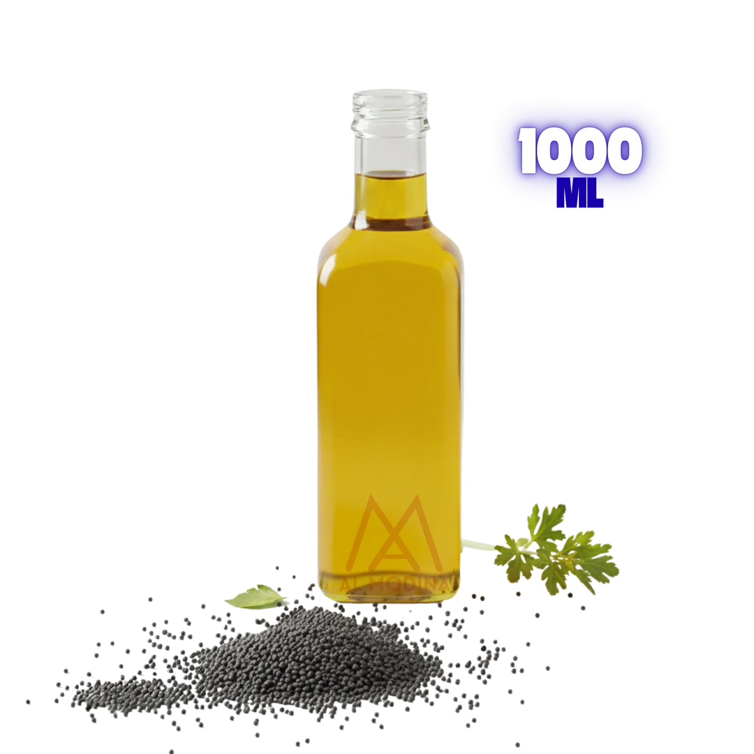Glass bottle of yellow mustard oil with mustard seeds and green leaves on black background