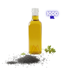 Glass bottle of yellow mustard oil with mustard seeds and green leaves on black background