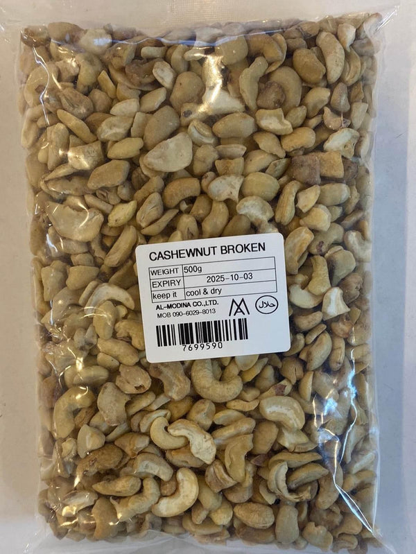 500g pack of broken cashew nuts in clear plastic with expiry 2025-10-03, halal certified