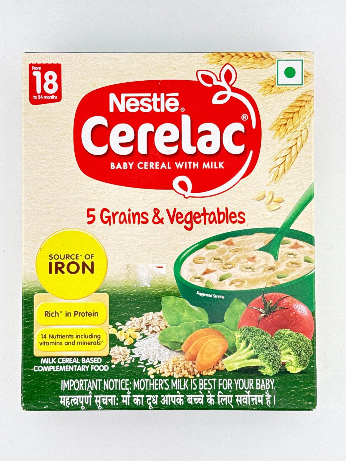 Nestle Cerelac baby cereal with milk, 5 grains and vegetables, for 18-24 months, source of iron