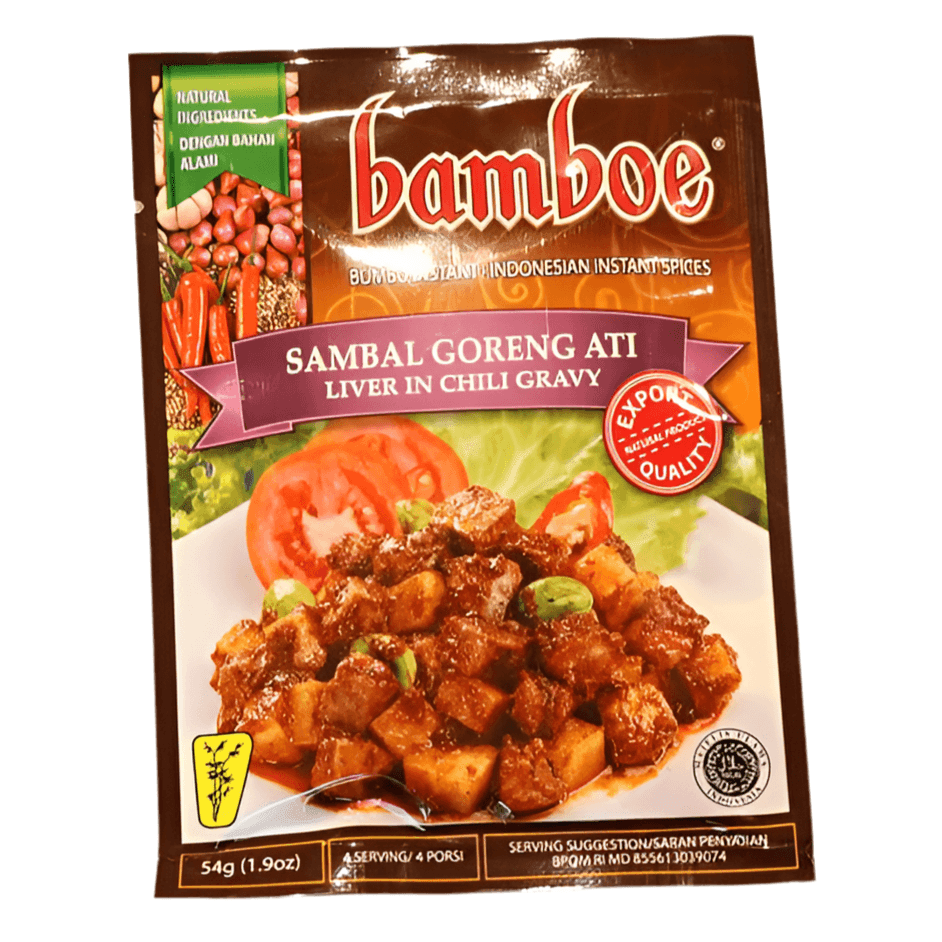 Bamboe Sambal Goreng Ati packet featuring liver in chili gravy Indonesian spice mix with tomato and chili images