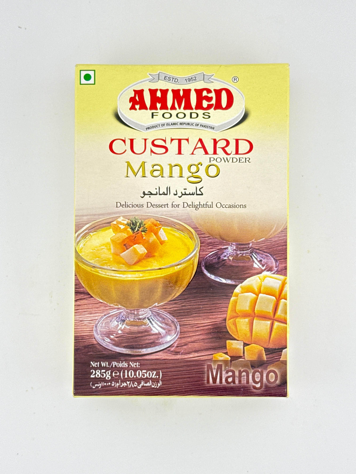 Ahmed Foods Mango Custard Powder package showing mango dessert and glass, 285g net weight