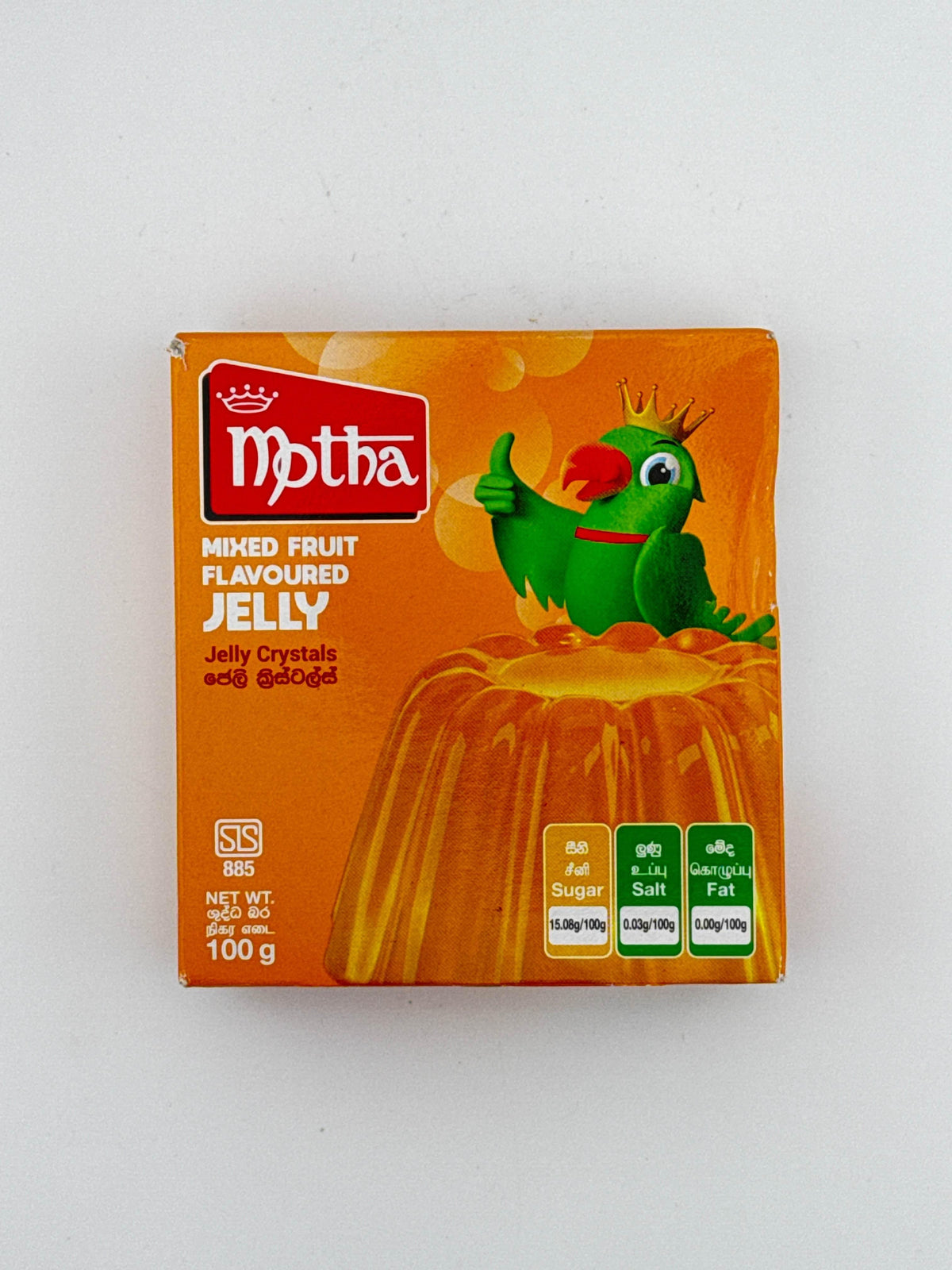 Motha mixed fruit flavoured jelly crystals box with green bird mascot and nutrition info