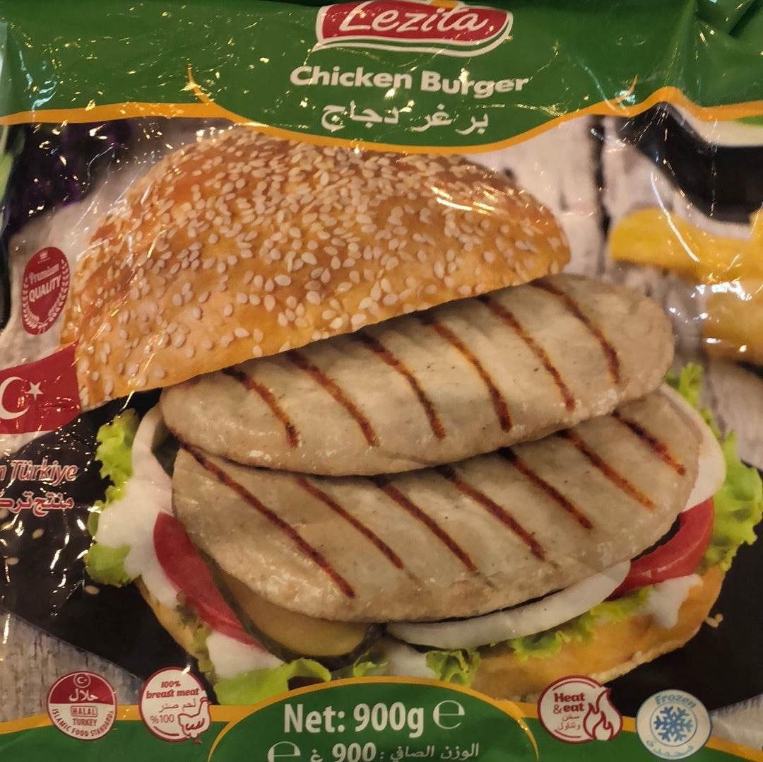 Lezita Chicken Burger package showing grilled chicken patties in sesame bun with lettuce and tomato
