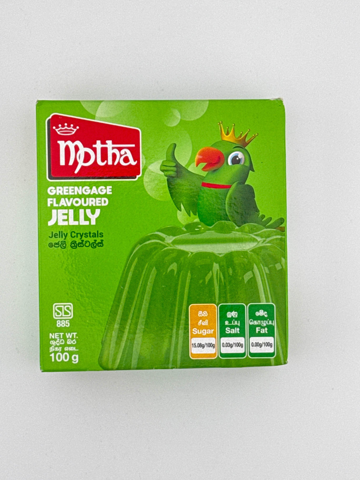 Motha brand greengage flavoured jelly crystals box with green parrot mascot and nutritional info