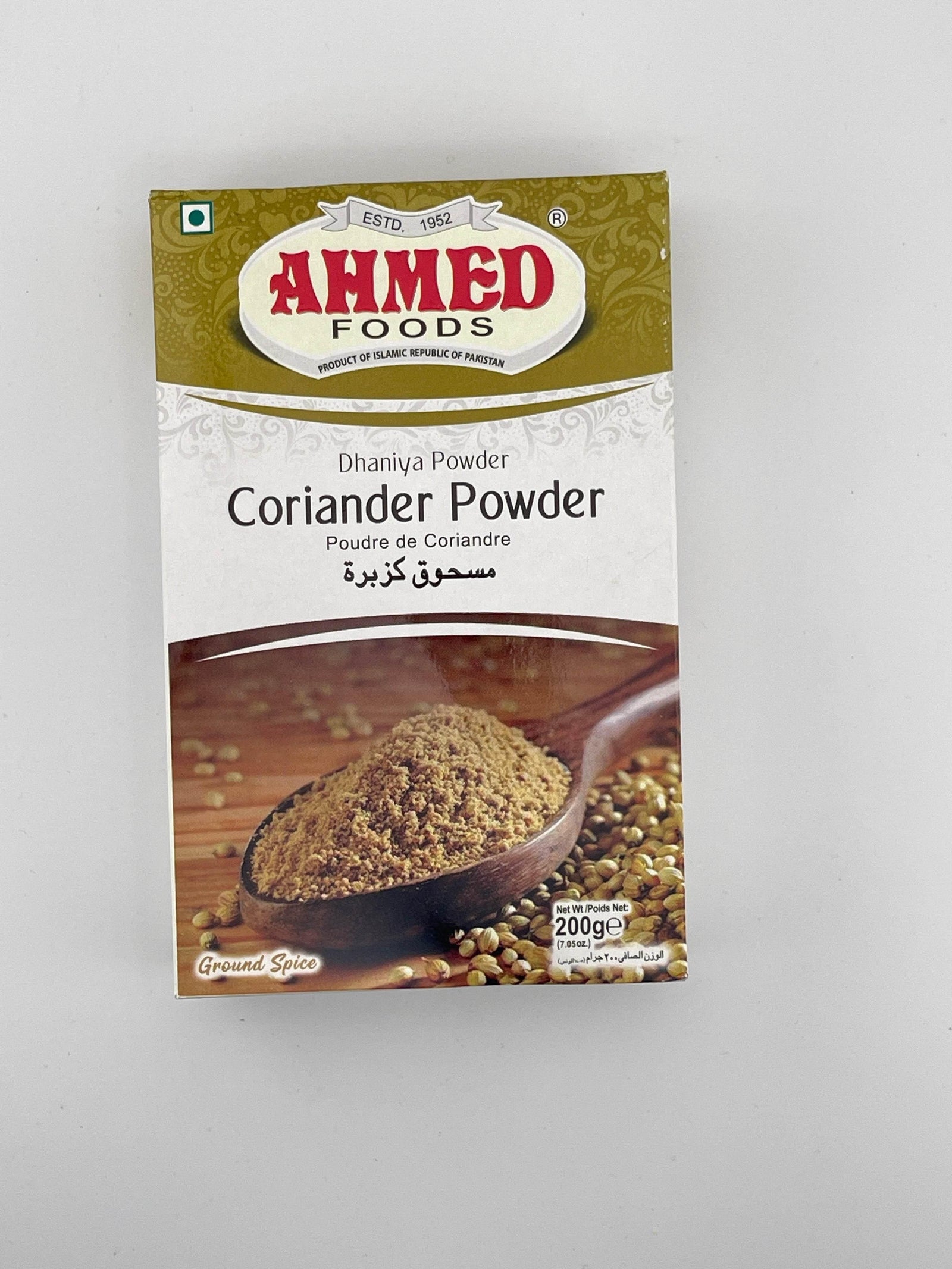 Ahmed Foods Coriander Powder 200g box with wooden spoon and coriander seeds image